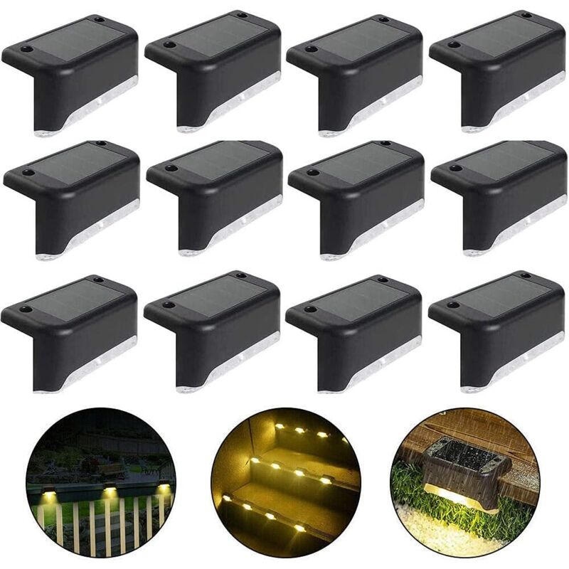 Linghhang - Lampe de clôture solaire étanche, (Lumière chaude-Noir, 12 pcs) lumière de pont solaire, lampe d'escalier, lampes solaires de jardin led