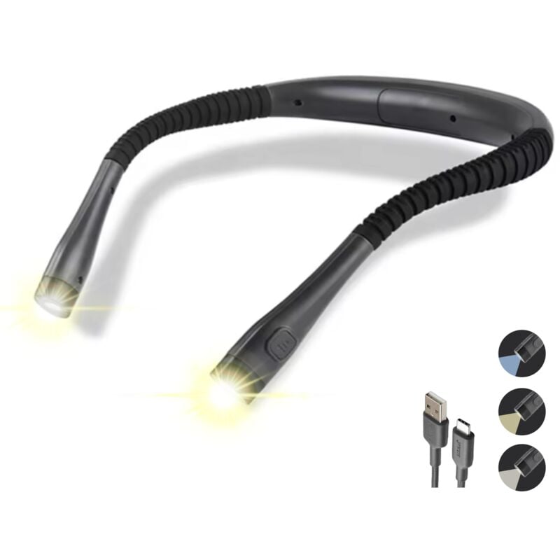 Lampe de cou LED pour lire au lit, 3 couleurs, 6 niveaux de luminosité, bras flexibles, rechargeable, type C, USB, longue durée de vie de la