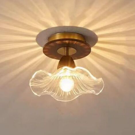 Lampe de couloir d'entrée à pétales, plafonnier d'entrée rétro français, [noyer + transparent], lumière tricolore, 220 V, douille E27