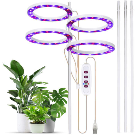 Lampe de croissance 4 têtes 4,8 W 50,48 lm, 40+40 LED, USB, minuterie 8/12/16 h, 5 niveaux luminosité