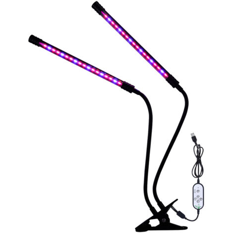 Lampe de croissance LED double tête, lumière bleue rouge, minuterie 4/8/12h, 5 niveaux luminosité, pince, spectre complet, col cygne réglable, USB