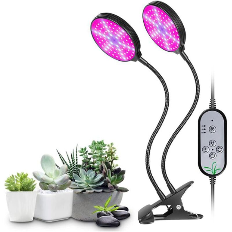 Lampe de croissance led pour plantes, télécommande intelligente, minuterie de gradation à 5 vitesses, étanche, usb, deux têtes, clip, spectre