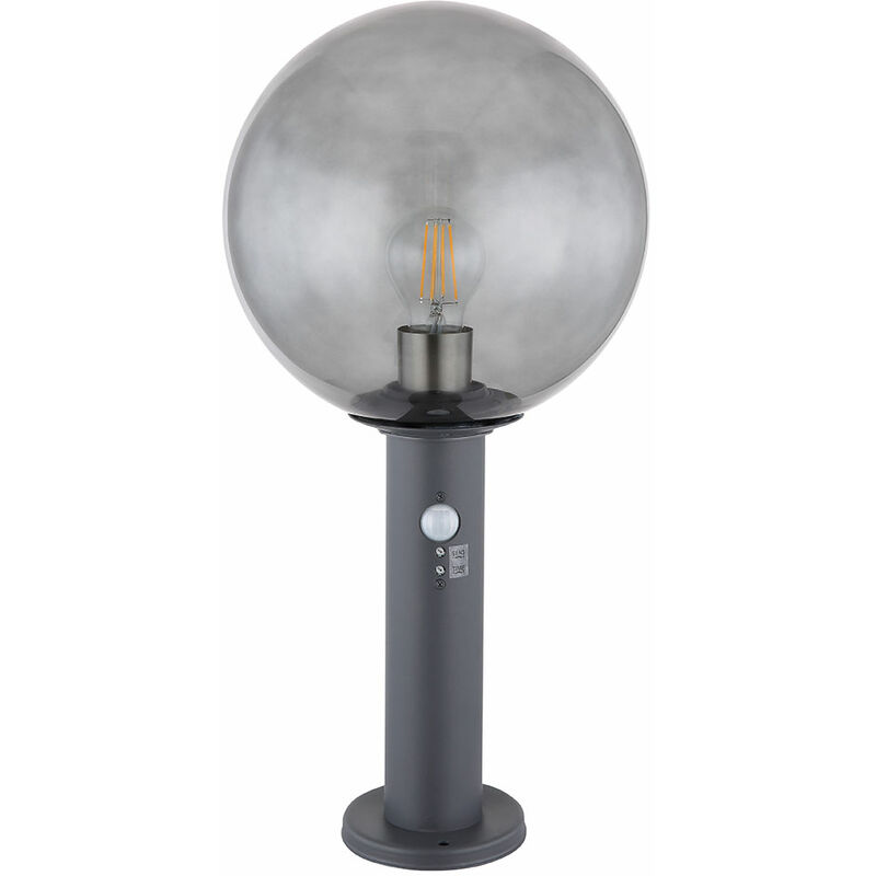 Lampe de jardin avec détecteur de mouvement Lampadaire Borne d'extérieur avec détecteur de mouvement, verre aluminium, fumée anthracite, 1xE27, DxH