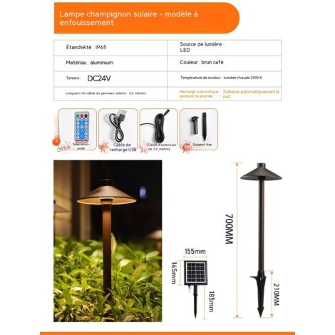 Lampe de jardin champignon solaire extérieure modèle piquet, sans câblage étanche anti-pluie
