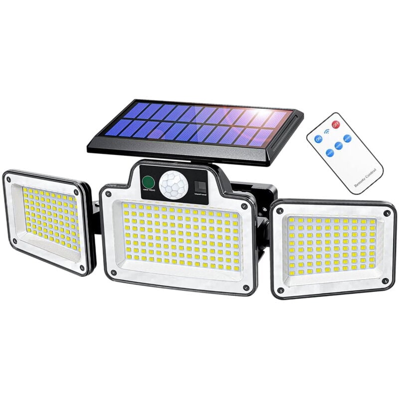 Lampe de jardin solaire d'extérieur avec détecteur de mouvement, 3 têtes, éclairage de sécurité à énergie solaire, 280 led, détection de mouvement,
