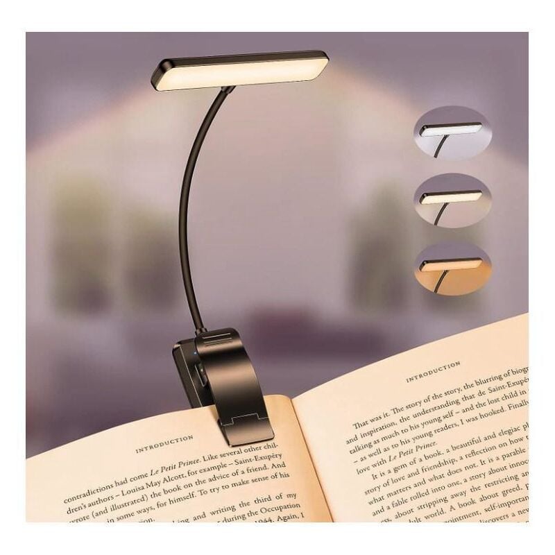 Lampe de Lecture 19 led, Liseuse Lampe Clip Rechargeable, Protection des Yeux, Gradation en Continu & 3 Couleurs (Ambre/Blanc/Mixte), 360° Cou