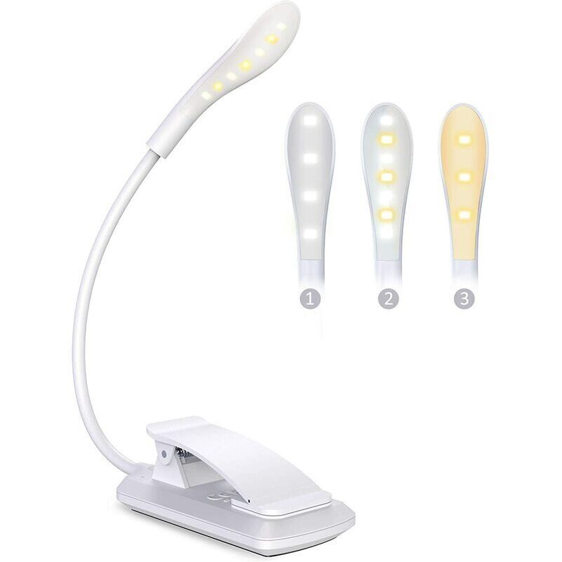 Lampe de Lecture, 7 led Liseuse Lampe Clip Rechargeable, 360° Cou Flexible, 3 Température de Couleur & 3 Niveaux de Luminosité, Interrupteur Tactile,