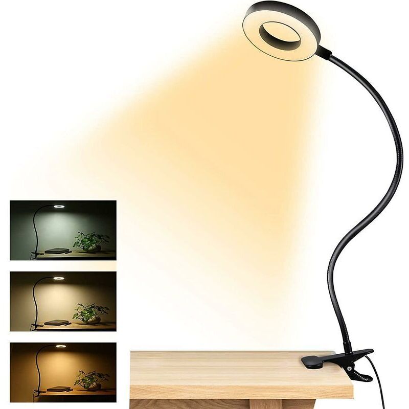 Lampe de lecture à pince, lampe de bureau LED USB, 3 modes de couleur, lampe de lecture à pince respectueuse des yeux