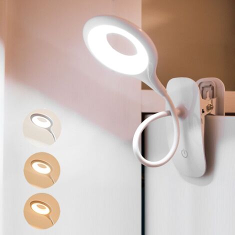 Lampe de lecture à pince pour chevet avec clip, commande tactile, conception respectueuse des yeux, batterie rechargeable USB, conception à col de cygne, 3 modes, blanc.