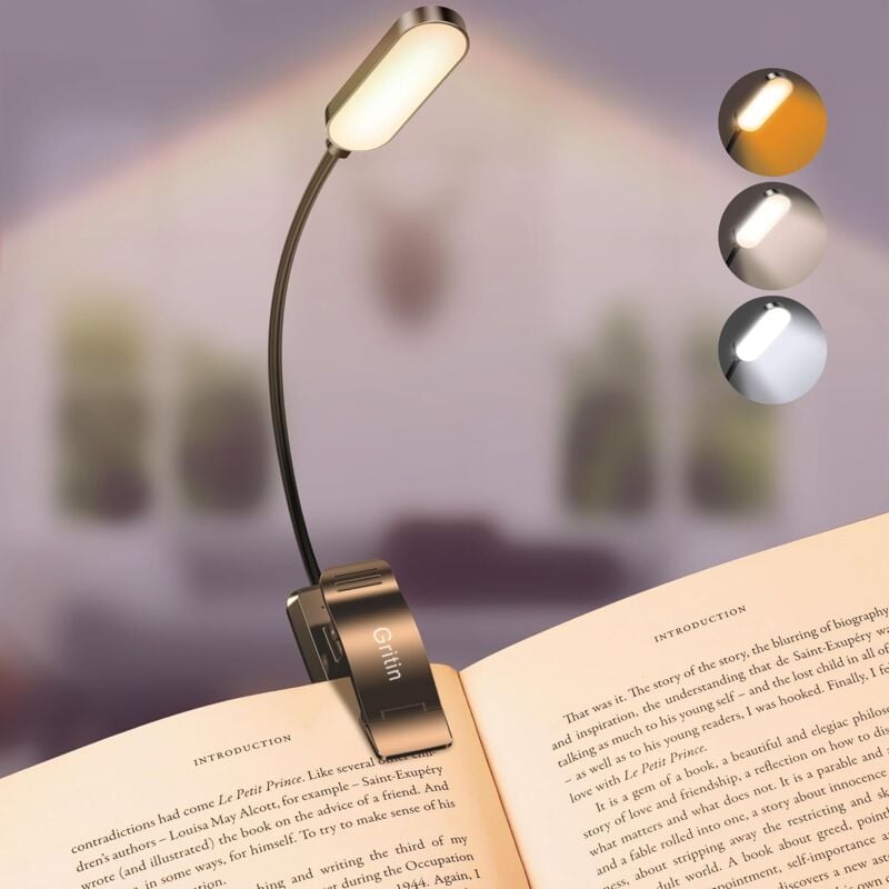 Lampe de lecture à pince, rechargeable par usb-c, 16 led, 3 modes de température (blanc/ambre/mixte), luminosité réglable, flexible à 360° pour la