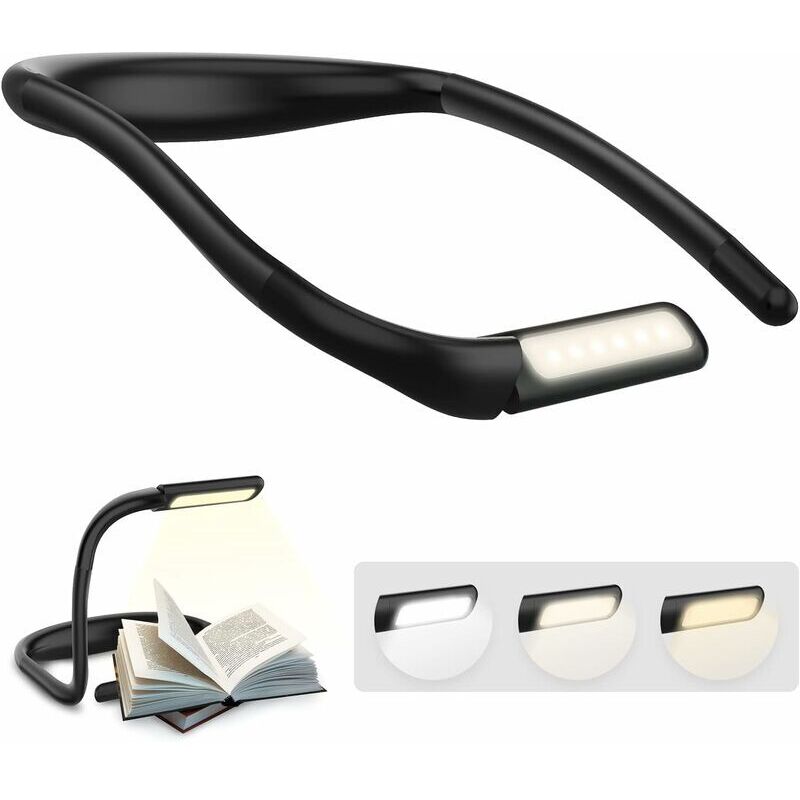 Lampe de lecture à porter autour du cou, avec bras pliables et batterie rechargeable de 1800mAh. Cette lampe de bureau à led offre 3 couleurs de