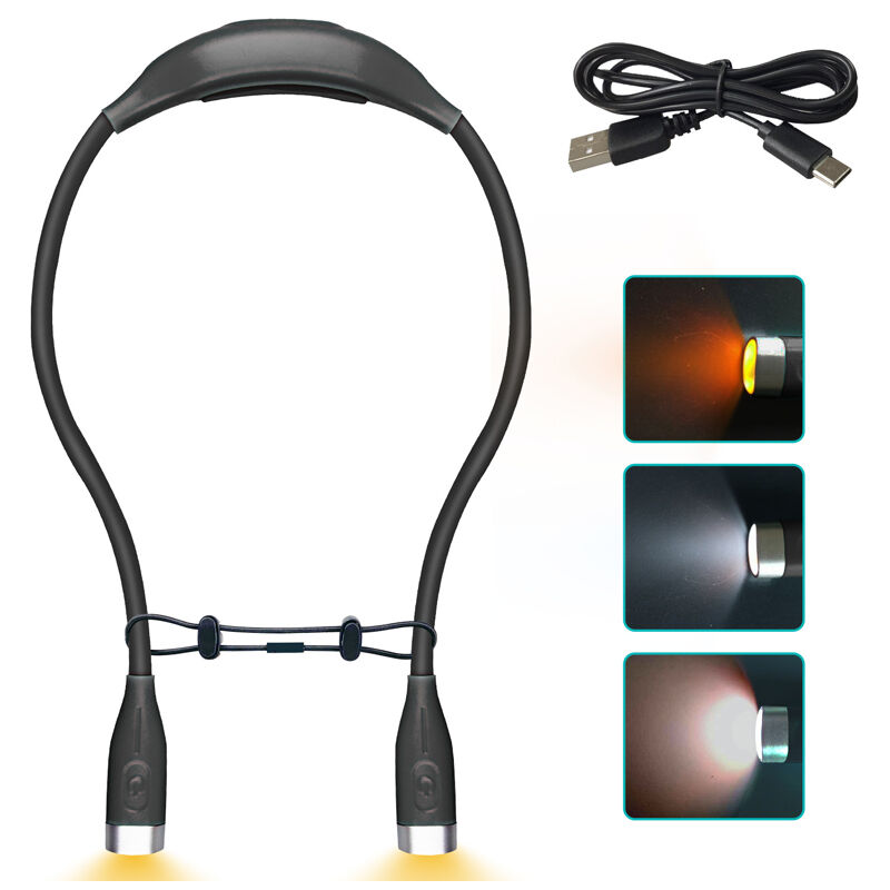 Sjqka - Lampe de Lecture de Cou, Liseuse Lampe Rechargeable 4 LEDs 3 Couleurs, Protection des Yeux pour Lecture de Nuit, Voyage, Camping(noir)
