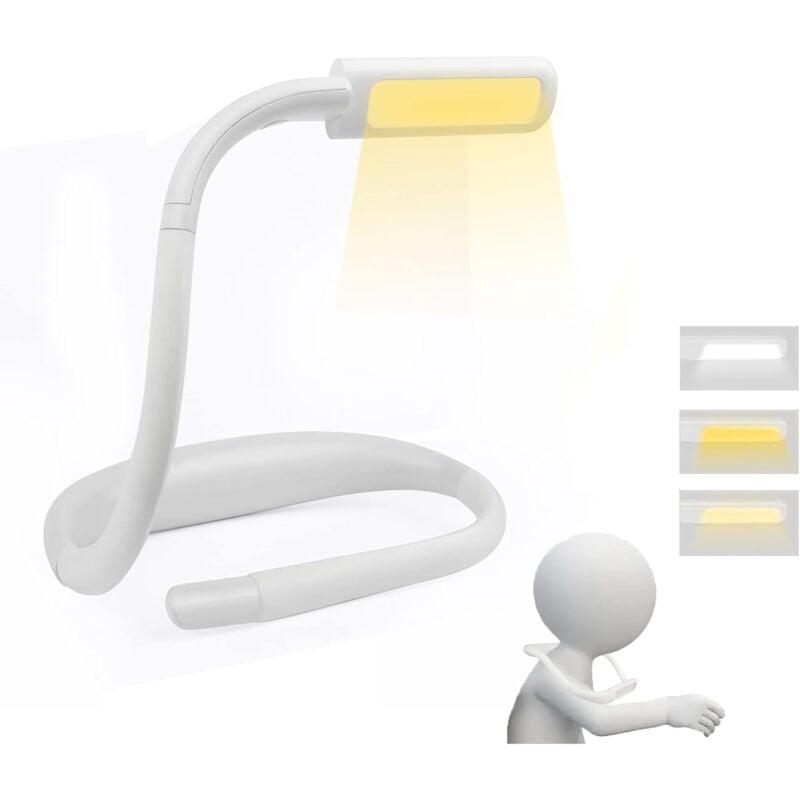 Lampe de Lecture de Cou Rechargeable, Liseuse Lampe LED, Luminosité Réglable,3 couleurs, Bras Flexible, Blanc
