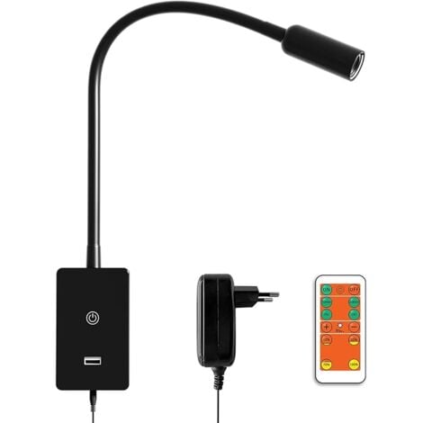 Lampe de Lecture de Spot LED avec Télécommande Sans Fil, Luminaire Applique Murale Flexible LED Dimmable au Lit la Nuit, Éclairage Neutre 4000K, Fonction Minuterie, Sortie USB 5V2A