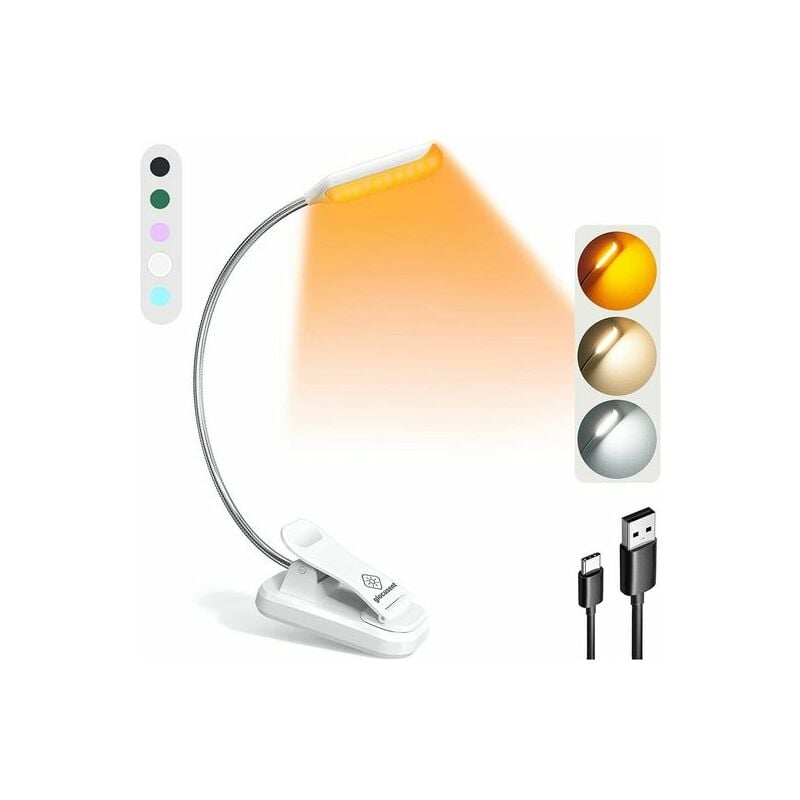 Lampe de Lecture, Lampe à pince, Lampe Chevet, Mini lampe de lecture livre, 3 couleurs et 3 niveaux de luminosité, Lumière de livre légère, Blanc