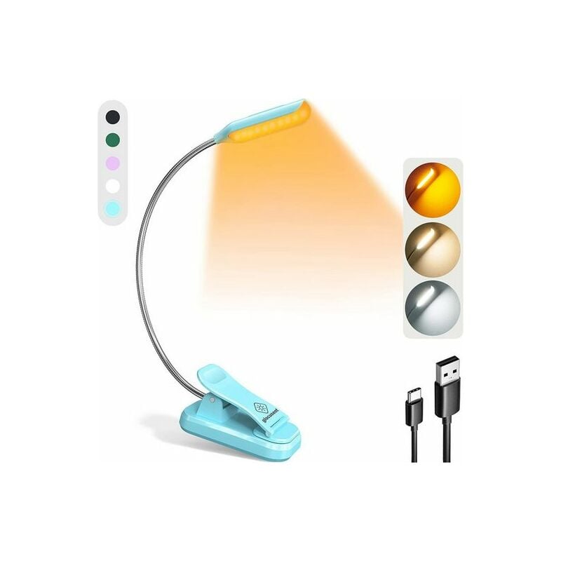 Lampe de Lecture, Lampe à pince, Lampe Chevet, Mini lampe de lecture livre, 3 couleurs et 3 niveaux de luminosité, Lumière de livre légère, Bleu Kinsi