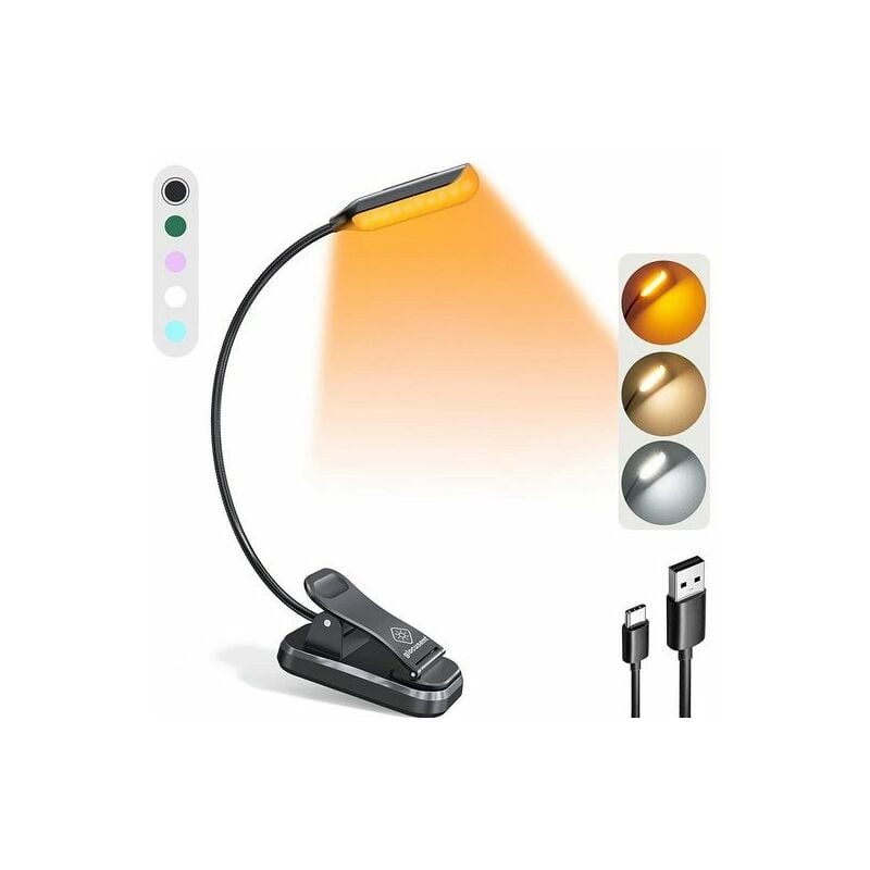 Lampe de Lecture, Lampe à pince, Lampe Chevet, Mini lampe de lecture livre, 3 couleurs et 3 niveaux de luminosité, Lumière de livre légère, Noir Kinsi
