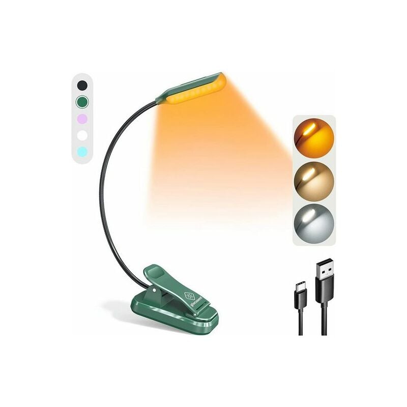 Lampe de Lecture, Lampe à pince, Lampe Chevet, Mini lampe de lecture livre, 3 couleurs et 3 niveaux de luminosité, Lumière de livre légère, Vert,