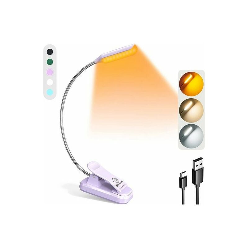 Lampe de Lecture, Lampe à pince, Lampe Chevet, Mini lampe de lecture livre, 3 couleurs et 3 niveaux de luminosité, Lumière de livre légère, Violet