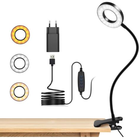 Lampe de Lecture LED à Pince, Lampe de Bureau avec Bras Flexible 360°, 3 Modes & 10 Niveaux de Luminosité, Alimentation USB pour Lit, Bureau, École