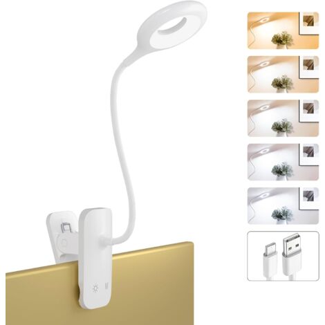 Lampe de lecture LED à pince, peut être fixée à la tête de lit, lampe portable sans fil à piles, convient aux cadres de lit et aux bureaux (blanche).