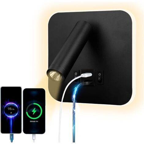 Lampe de lecture LED Applique murale USB Type-C Double interrupteur buccal de charge Réglable 12W Projecteur LED 3000K Lampe de lecture murale Lampe de lit en aluminium Rotatif (rond noir)