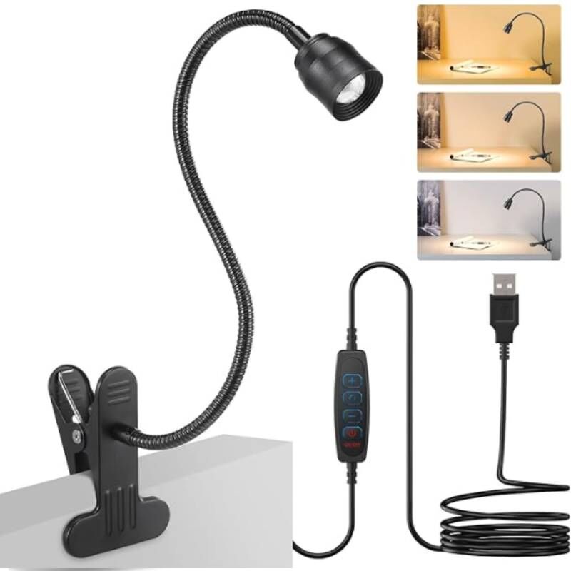 Sjqka - Lampe de lecture led zoomable à pince, lampe de chevet à intensité variable, col de cygne avec angle de faisceau réglable de 15° à 80°, 3