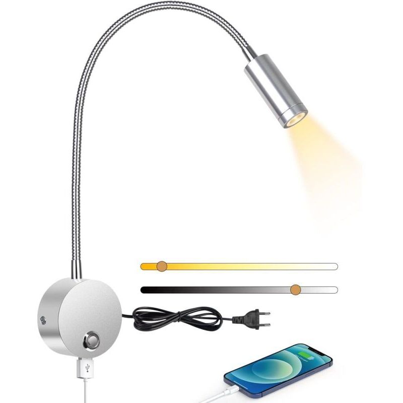Liseuse Murale LED Interrupteur Tactile Port USB Charge 3W Rotative 360° 3000-6000K Argent Classe C