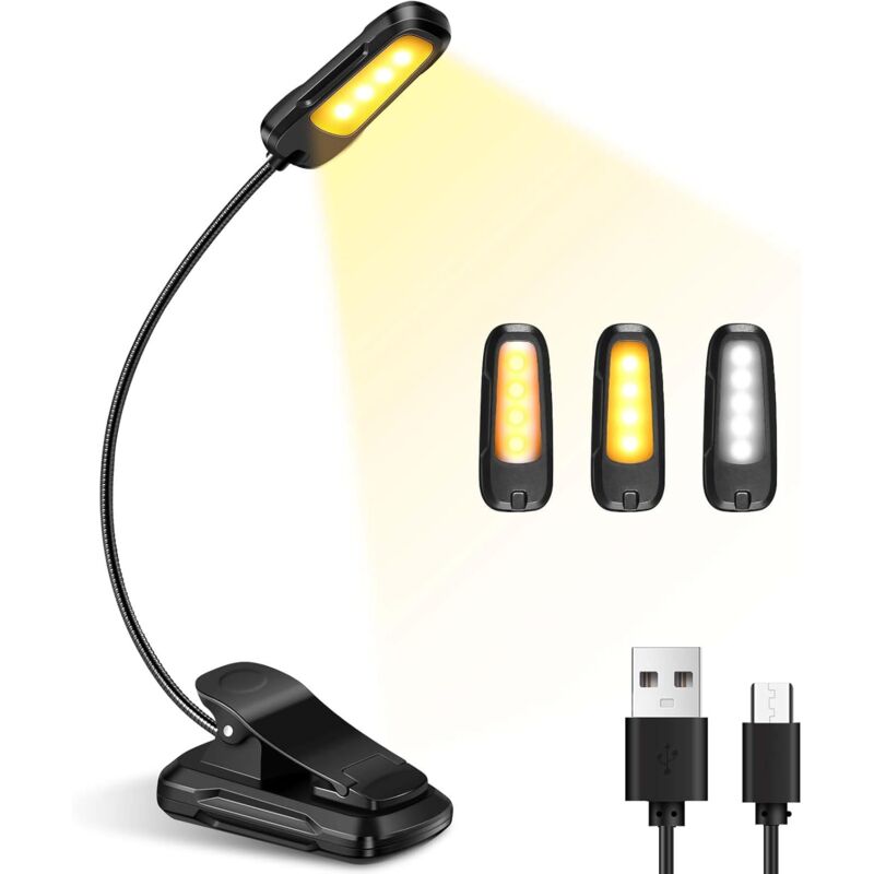 Lampe de Lecture pour Livre, Liseuse LED Rechargeable, 3 Modes de Luminosité x 3 Couleurs (Blanc/Chaud/Blanc Chaud), 360°Cou Flexible, Lampe Liseuse