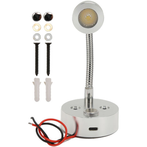 Lampe de lecture RV LED avec USB-C, 3 températures de couleur, variateur tactile, dissipation thermique optimale, pour bateaux, camions et voitures, 12-24V DC, argentée.