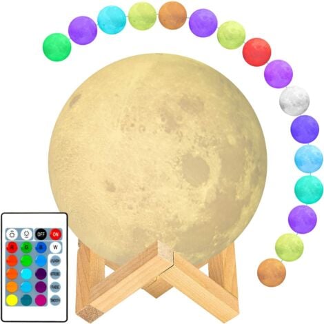 Lampe de lune, 12cm de diamètre 16 couleurs LED Impression 3D Lampe de lune avec support et contrôle tactile et rechargeable par USB pour cadeau de Noël d'anniversaire d'enfant