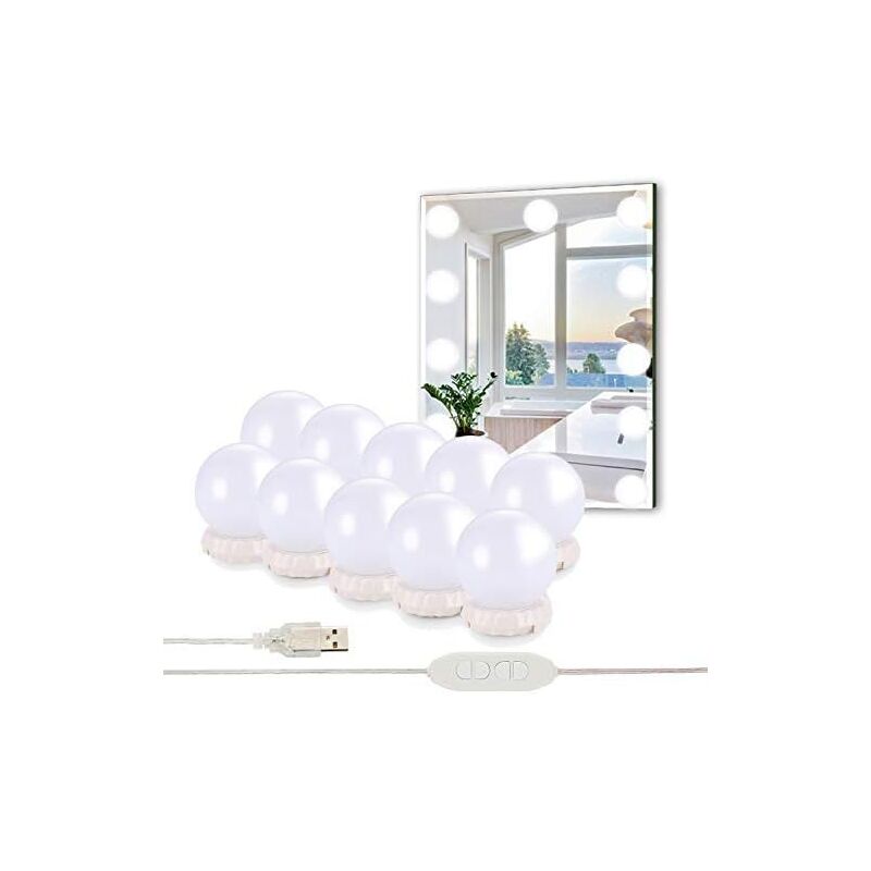 Lampe de miroir, kit d'éclairage led à intensité variable avec 10 ampoules Hollywood - Lampe de maquillage usb 3 couleurs 10 niveaux de luminosité