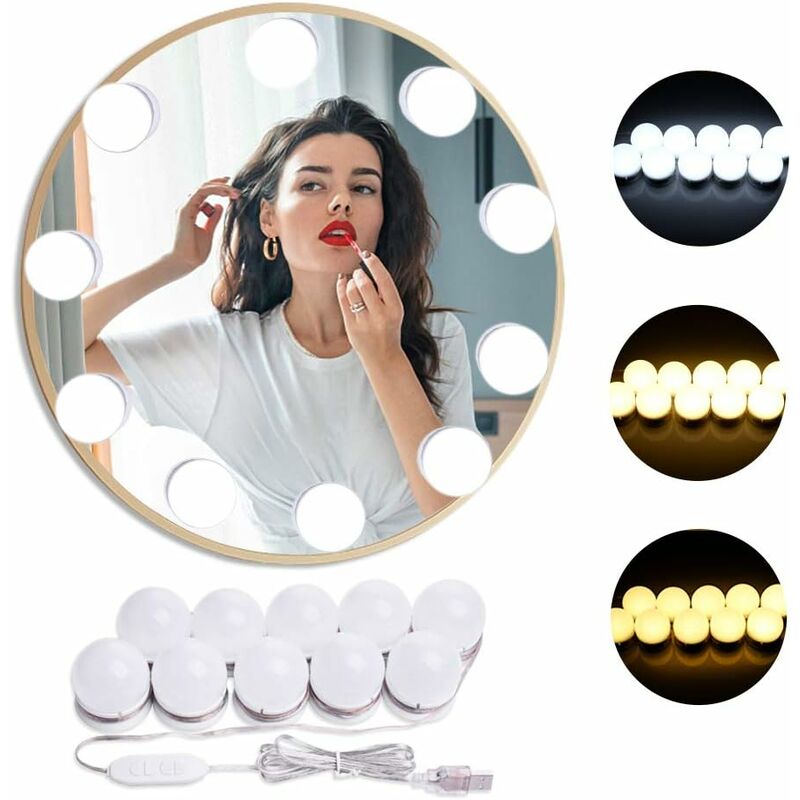 Lampe de miroir LED style Hollywood avec 3 modes de couleur et 10 niveaux de luminosité réglables pour miroir de maquillage / coiffeuse / salle de