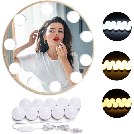 Lampe de miroir LED style Hollywood avec 3 modes de couleur et 10 niveaux de luminosité réglables pour miroir de maquillage / coiffeuse / salle de bain (8 000 Kelvin)-Fei Yu