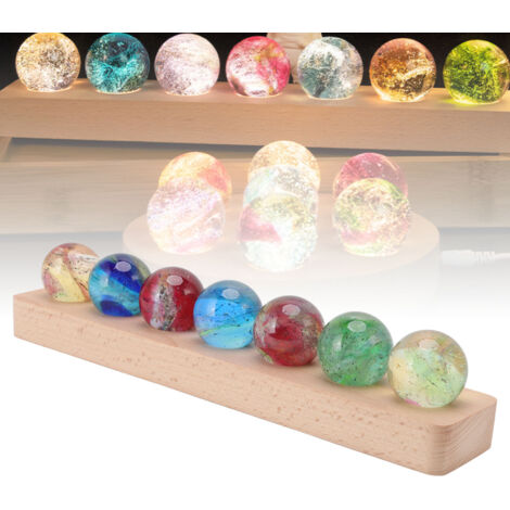 Lampe de nuit boule LED à effets 3D multicolores pour décoration - 7 boules de cristal sur base en hêtre