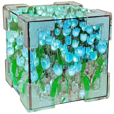 Lampe de nuit cube miroir tulipes à faire soi-même, décoration bleue