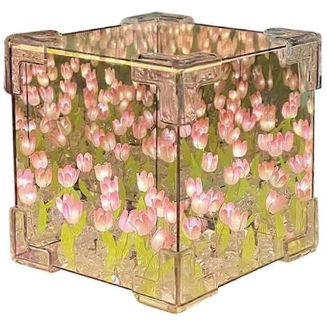 Lampe de nuit cube miroir tulipes à faire soi-même, décoration rose