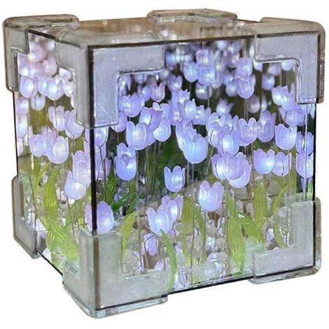 Lampe de nuit cube miroir tulipes à faire soi-même, décoration violette ---