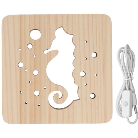 Lampe de nuit LED 3D en bois de pin avec motif hippocampe creux, alimentation USB 2W pour bureau