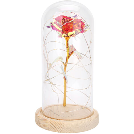 Lampe de nuit LED avec base en bois et rose élégante - Idée cadeau Saint-Valentin ou Noël - Lumière rose