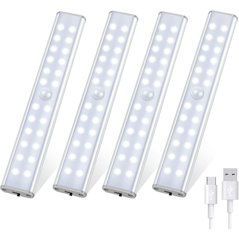 Lampe de Placard 4 Pcs 24 led, Lampe Led Détecteur de Mouvement 3 Modes d'Éclairage, Lampe led Rechargeable, Reglette Led Cuisine Sans Fil, Lumiere