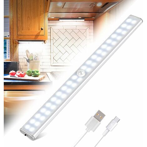 Lampe de Placard 40 LEDs, Eclairage Placard Détecteur de Mouvement, Reglette Led Rechargeable USB, 4 Modes d’Éclairage, Lumière de Placard, Bande Magnetique Adhésive Veilleuse LED