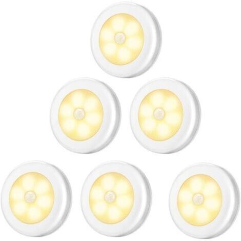 Lampe de Placard/Armoire LED,6pcs Lampes Armoire Veilleuse,Eclairage LED Détecteur de Mouvement avec Base Magnétique,pour Escalier Cuisine Vitrines Cabinet (Alimenté par Batterie) blanc Lumière chaude
