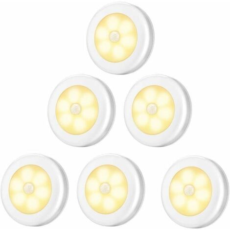 Lampe de Placard/Armoire LED,6pcs Lampes Armoire Veilleuse,Eclairage LED Détecteur de Mouvement avec Base Magnétique,pour Escalier Cuisine Vitrines Cabinet (Alimenté par Batterie) blanc Lumière chaude