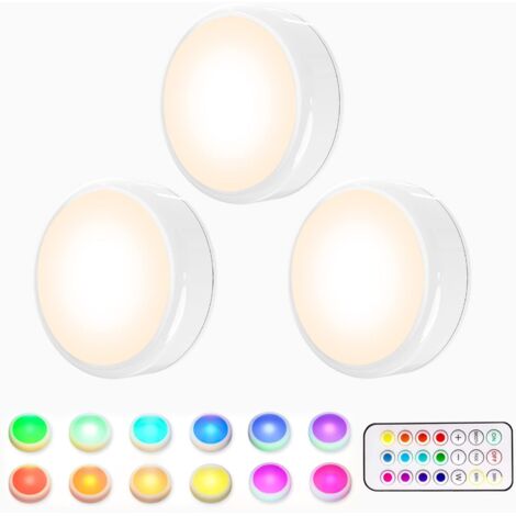 Lampe de Placard, Lampe LED Veilleuse RGB 16 Couleurs Sans Fil, éclairage d'escalier/de jeu à LED, avec 1 Télécommandes et Fonction de synchronisation, Paquet de 3