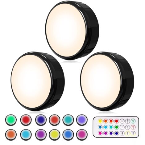 Lampe de Placard, Lampe LED Veilleuse RGB 16 Couleurs Sans Fil, éclairage d'escalier, éclairage de jeu sans fil à LED, avec 1 Télécommandes et Fonction de synchronisation, Paquet de 3