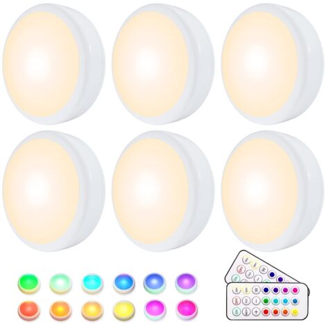 Lampe de Placard, Lampe LED Veilleuse RGB 16 Couleurs Sans Fil, éclairage d'escalier et de jeu à LED, avec 2 Télécommandes et Fonction de synchronisation, Paquet de 6