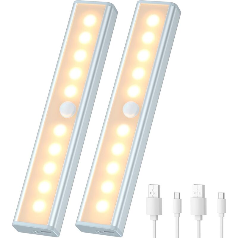 Lampe de Placard sans Fil détecteur de Mouvement 2pcs, Lumière pour armoire avec capteur USB rechargeable, bande magnétique adhésive, 10 LED pour