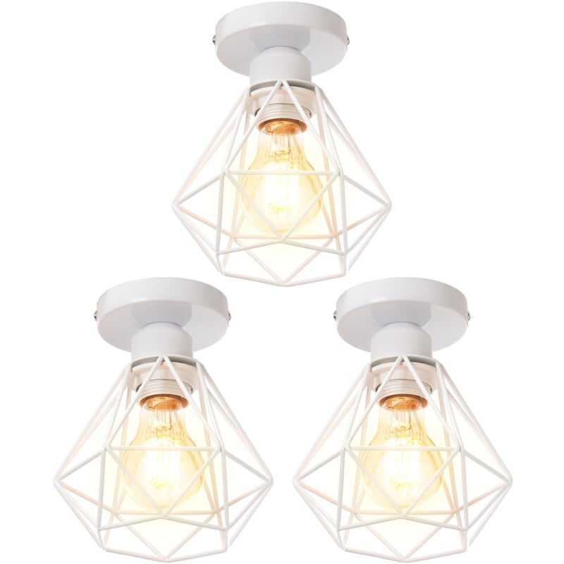 Lampe de Plafond 16cm Plafonnier Cage Diamant en Métal Luminaire pour Chambre Couloir Salon Blanc - 3 Pack