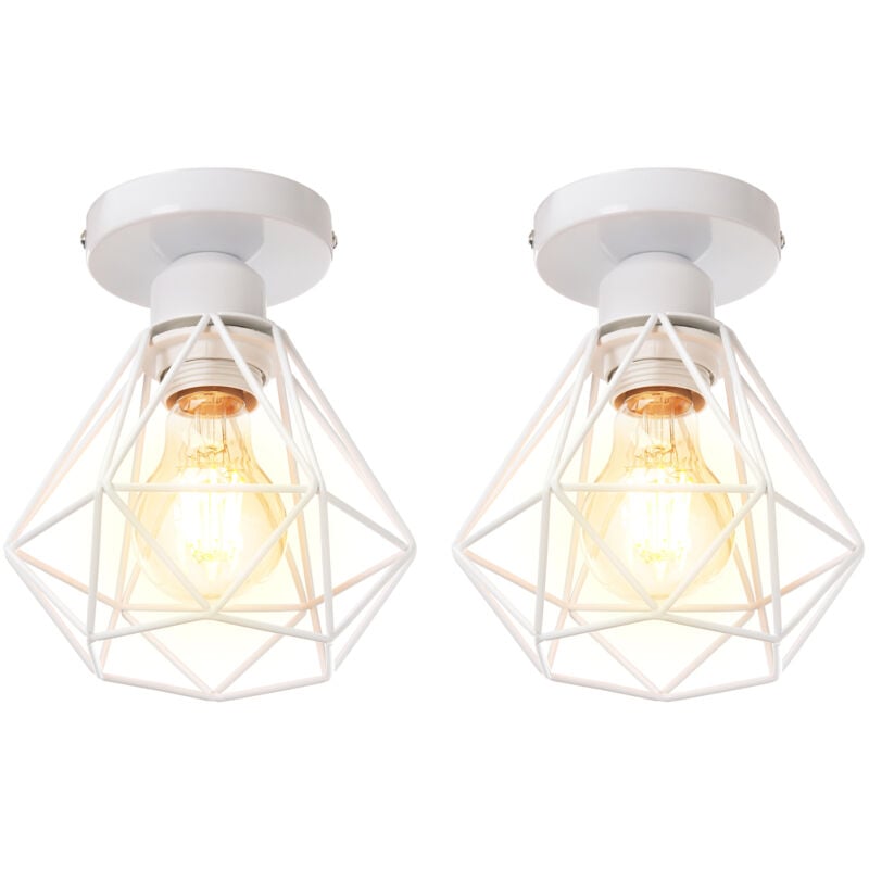 Lampe de Plafond 16cm Plafonnier Cage Diamant en Métal Luminaire pour Chambre Couloir Salon Blanc - 2 Pack